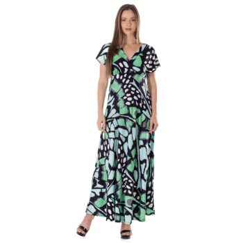 24seven Comfort Apparel Womens Oversized Butterfly Print V Neck Empire Waist Cap Sleeve Maxi Dress